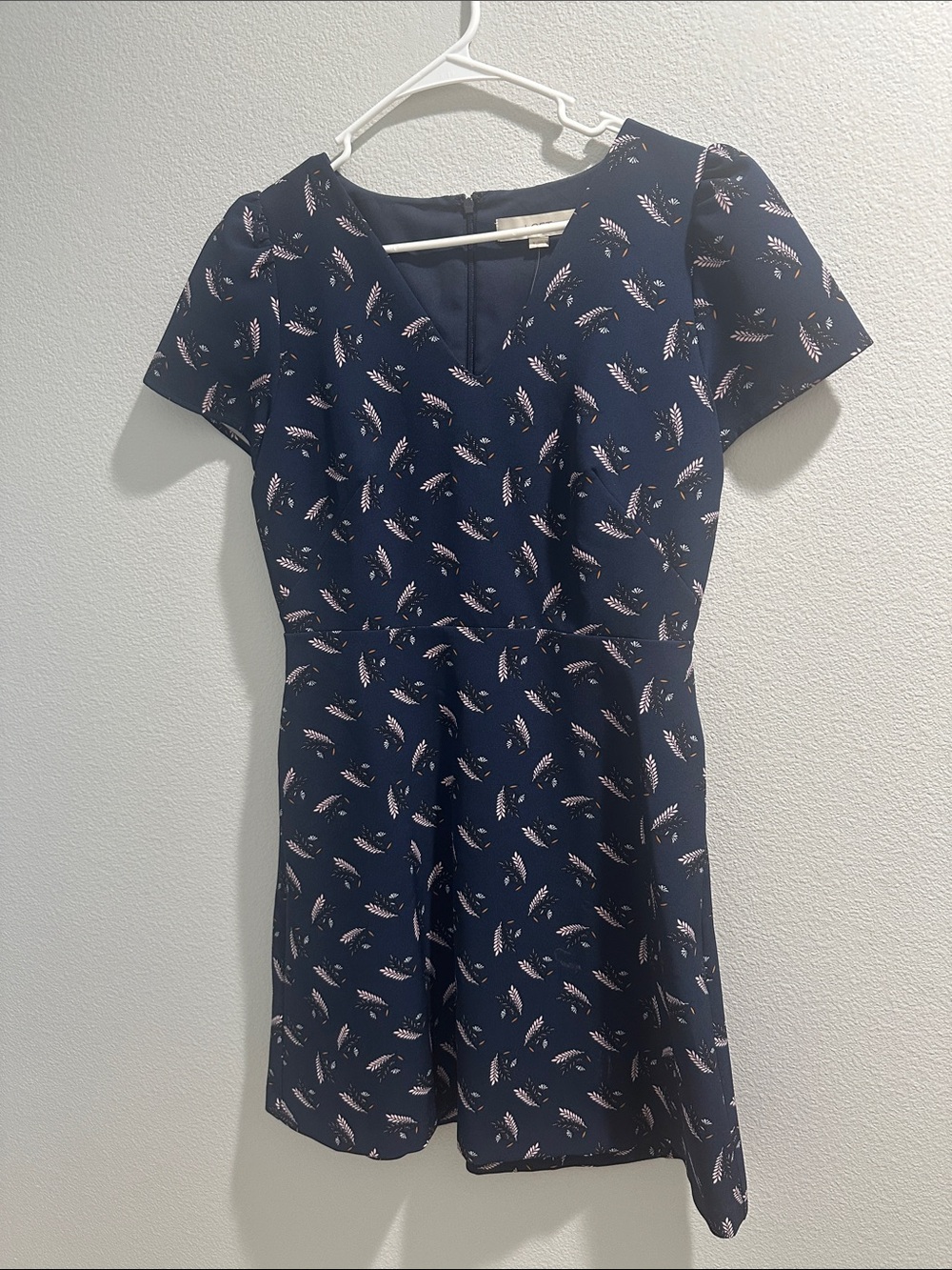 LOFT Navy Short-Sleeve Floral Fit-and-Flare Dress